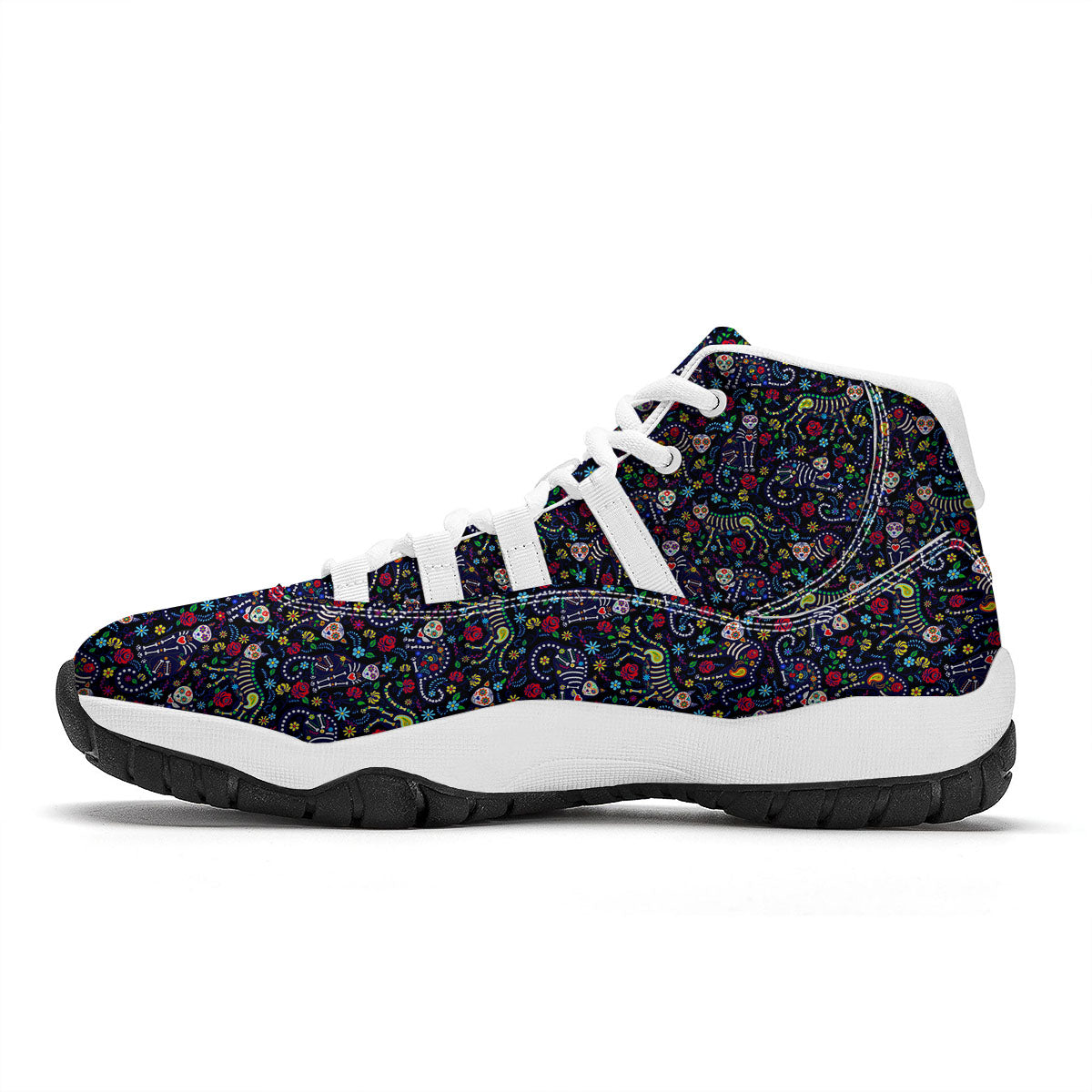 Calavera Cat Day Of The Dead Print Pattern White Bball Shoes-grizzshop