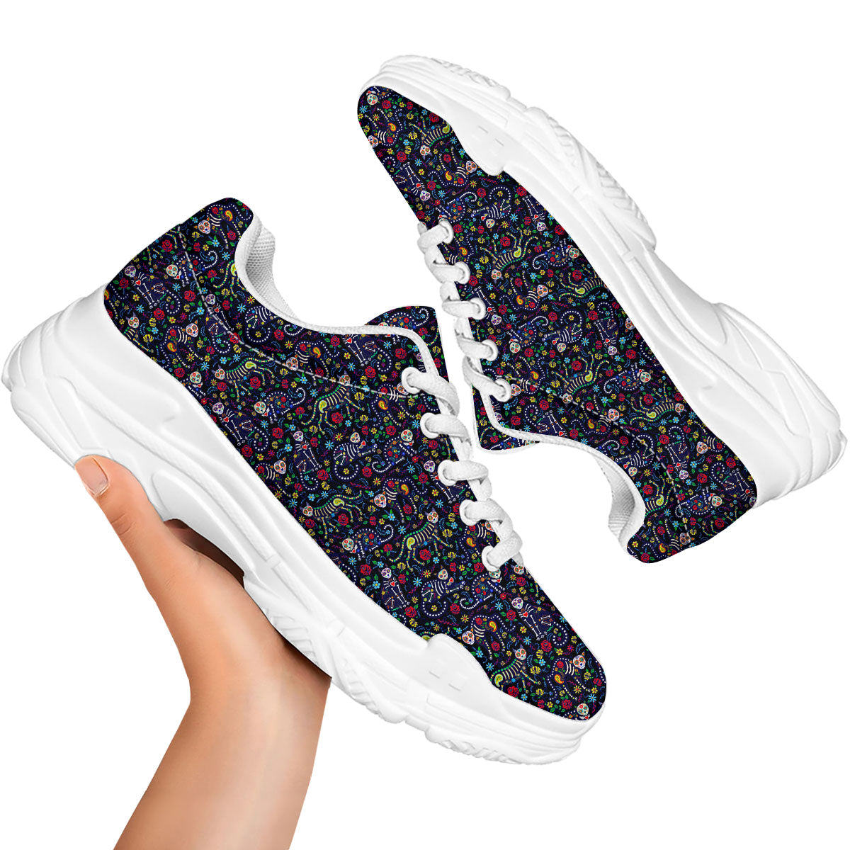 Calavera Cat Day Of The Dead Print Pattern White Chunky Shoes-grizzshop