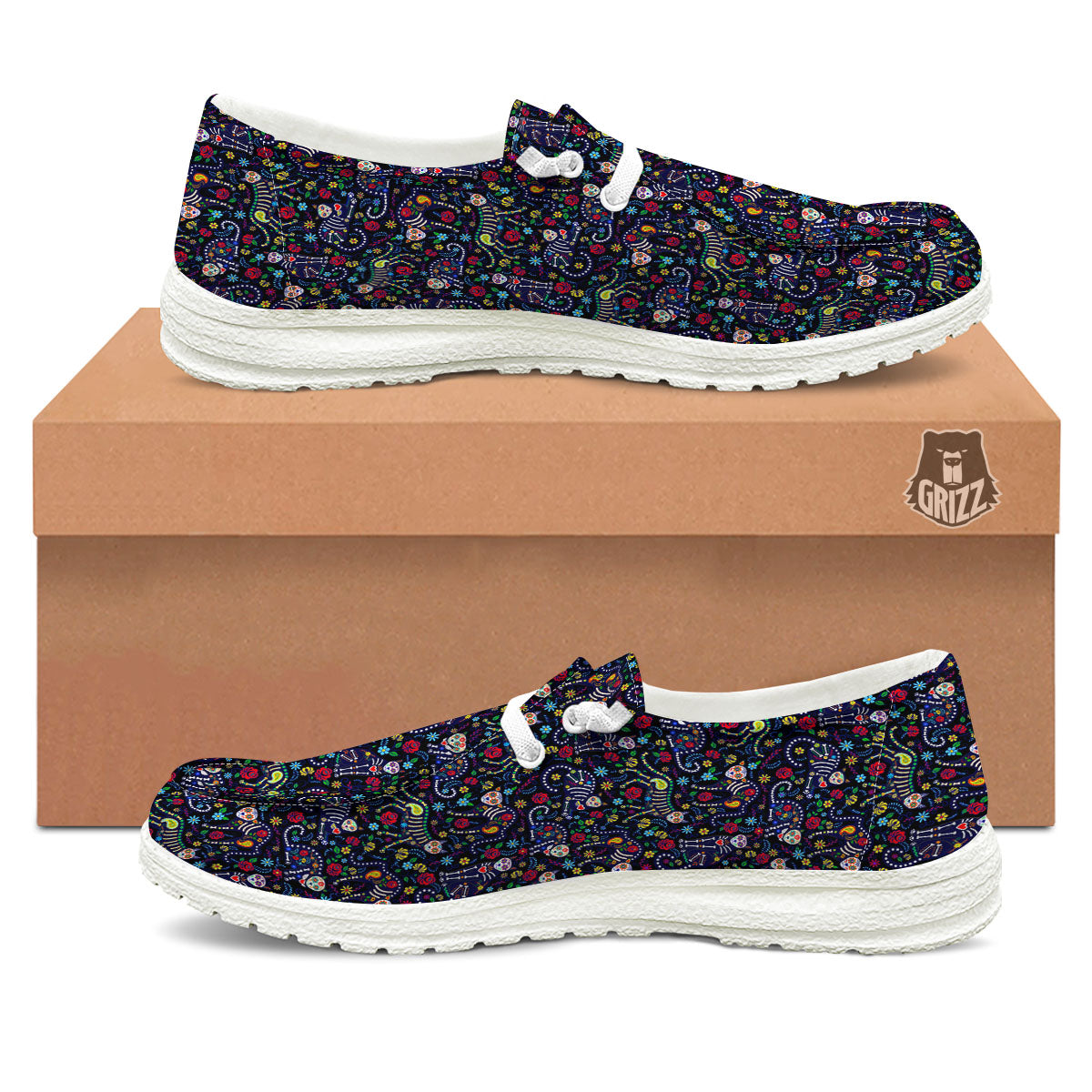 Calavera Cat Day Of The Dead Print Pattern White Loafers-grizzshop