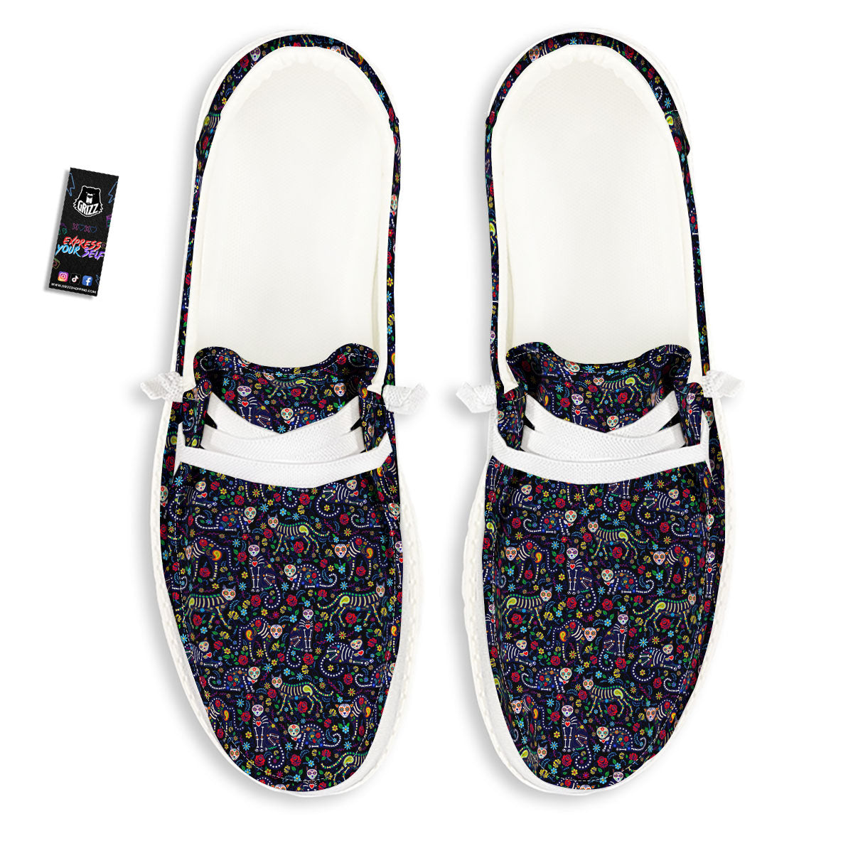 Calavera Cat Day Of The Dead Print Pattern White Loafers-grizzshop