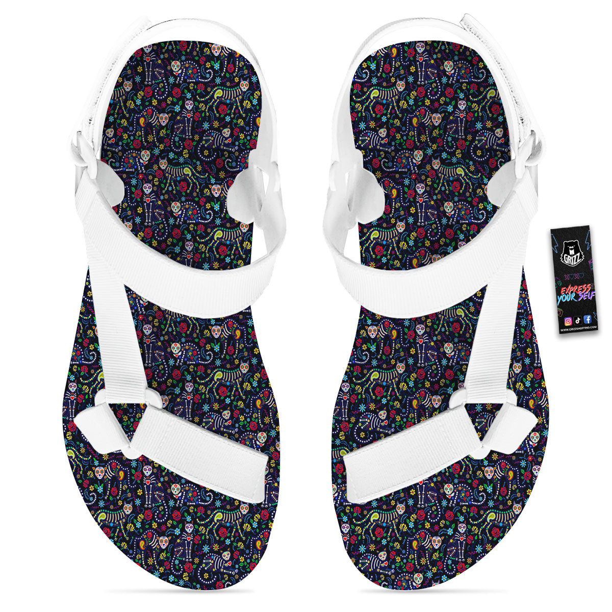 Calavera Cat Day Of The Dead Print Pattern White Open Toe Sandals-grizzshop