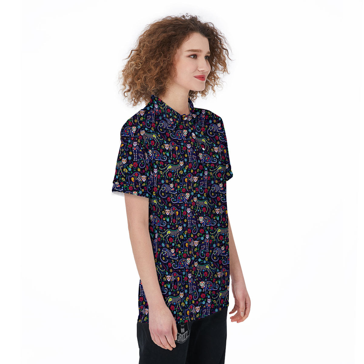 Calavera Cat Day Of The Dead Print Pattern Women's Golf Shirts-grizzshop