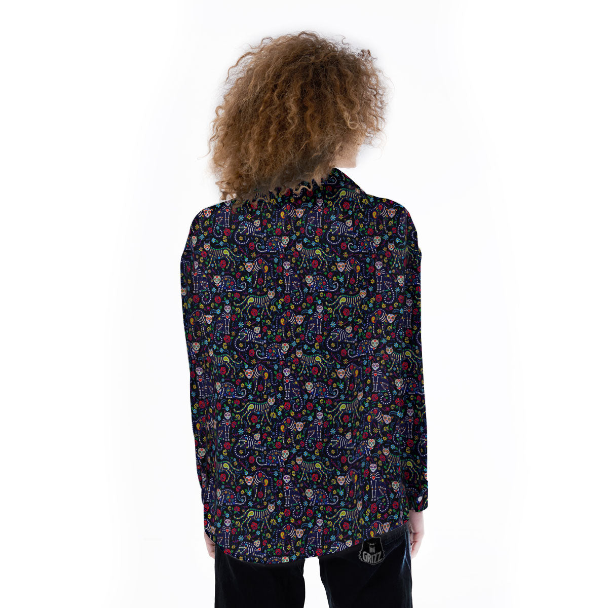 Calavera Cat Day Of The Dead Print Pattern Women's Long Sleeve Shirts-grizzshop