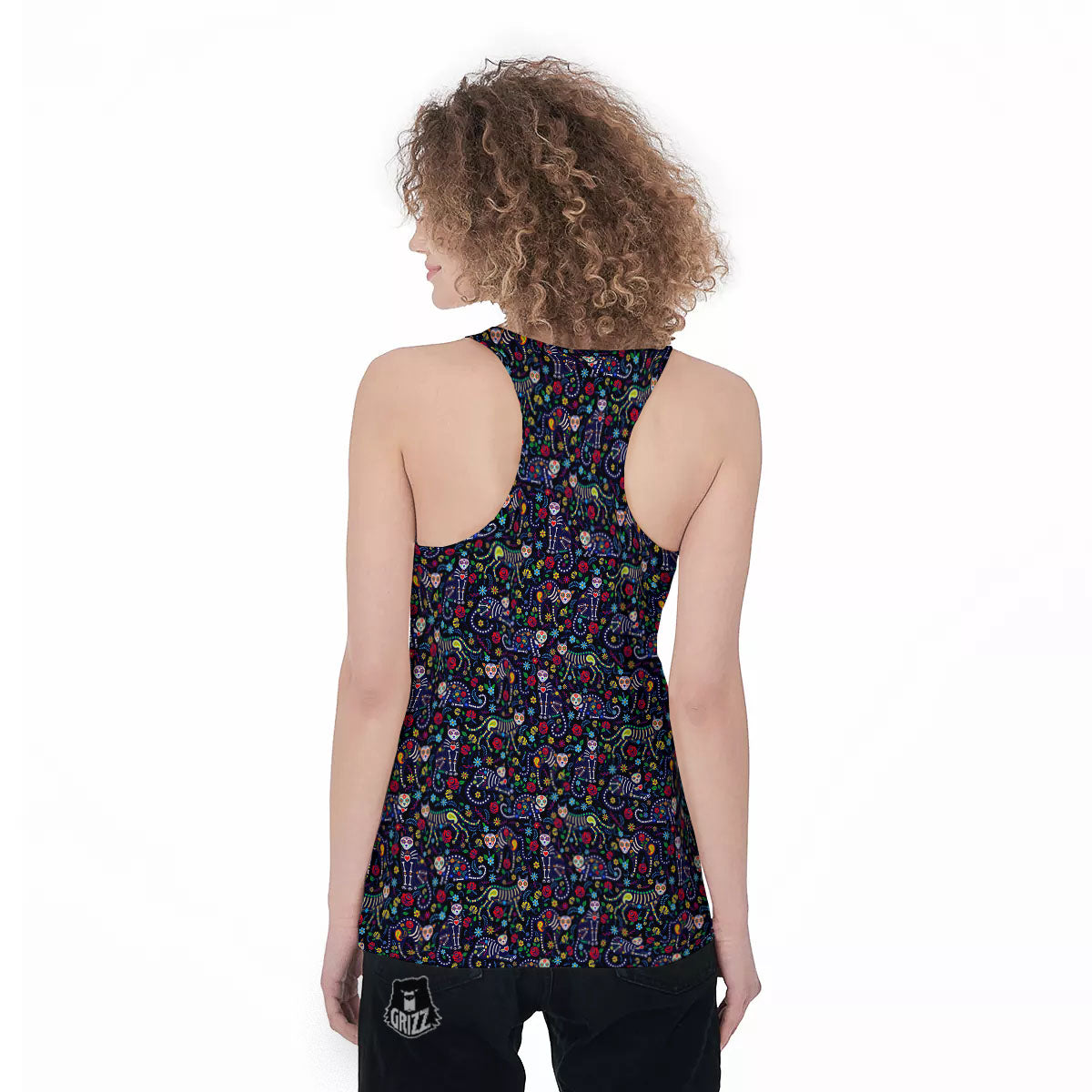Calavera Cat Day Of The Dead Print Pattern Women's Racerback Tank Top-grizzshop