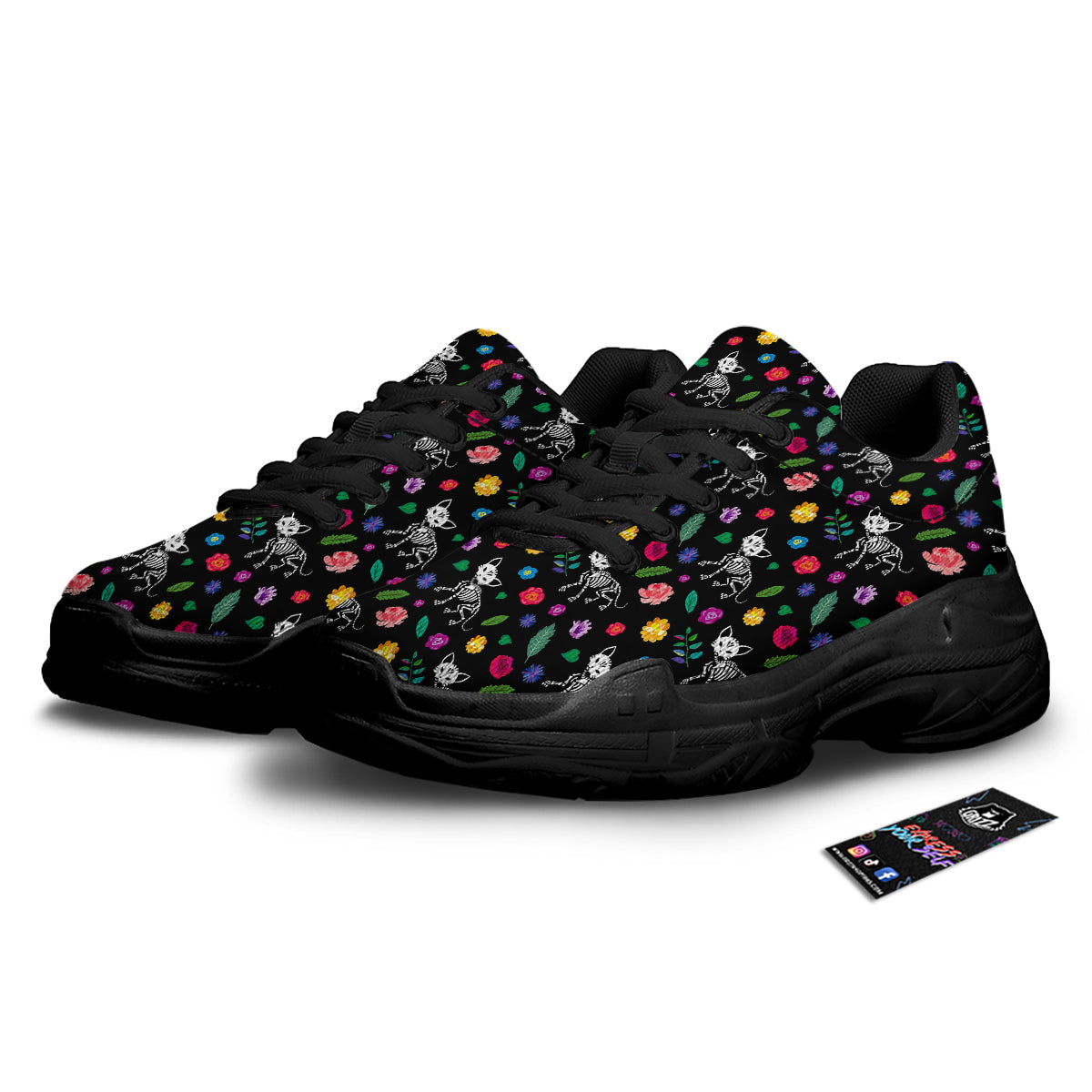 Calavera Cat Skeleton Print Pattern Black Chunky Shoes-grizzshop