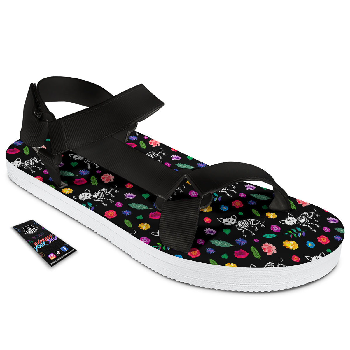Calavera Cat Skeleton Print Pattern Black Open Toe Sandals-grizzshop