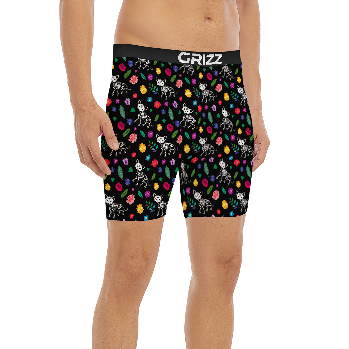 Calavera Cat Skeleton Print Pattern Boxer Briefs-grizzshop