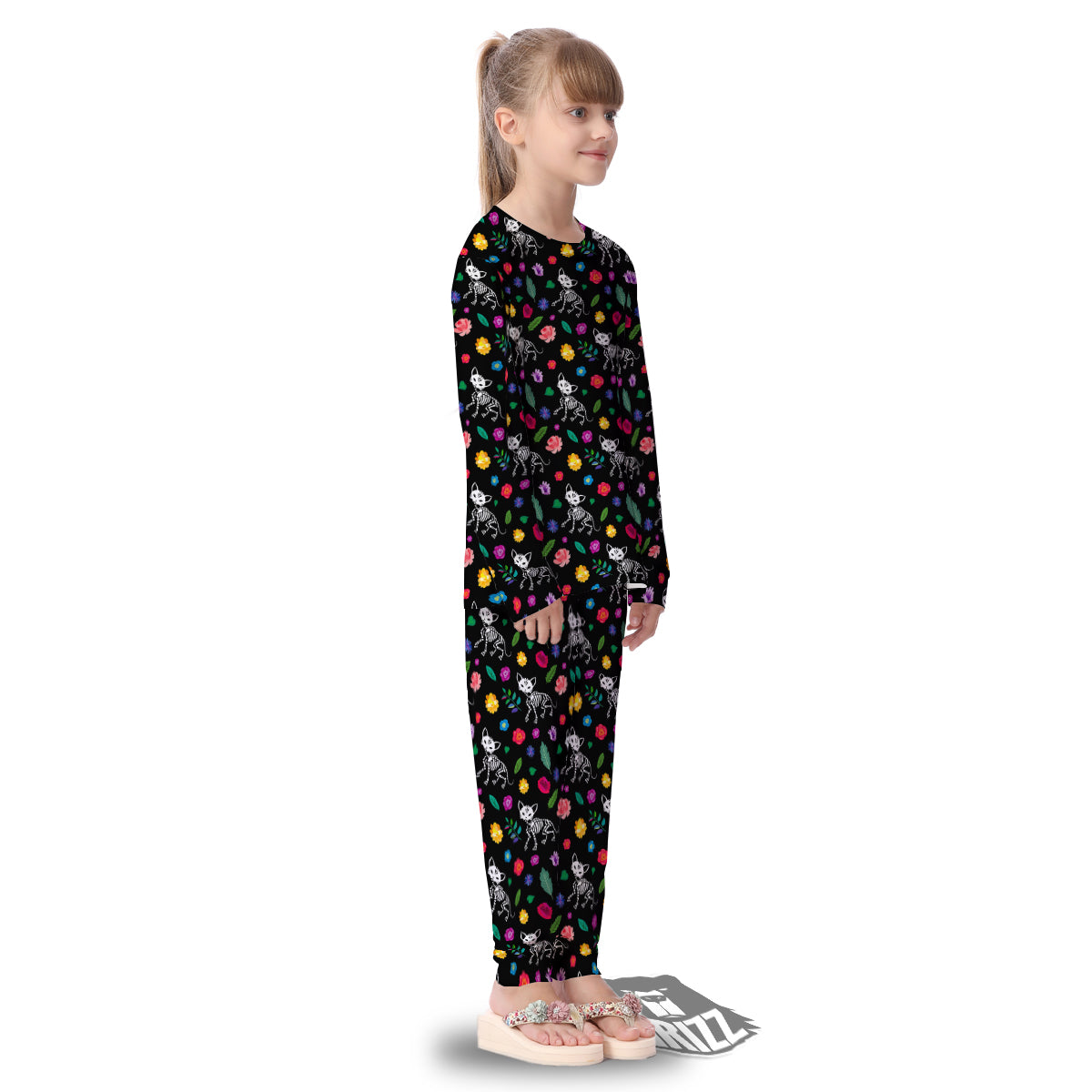 Calavera Cat Skeleton Print Pattern Kid's Pajamas-grizzshop