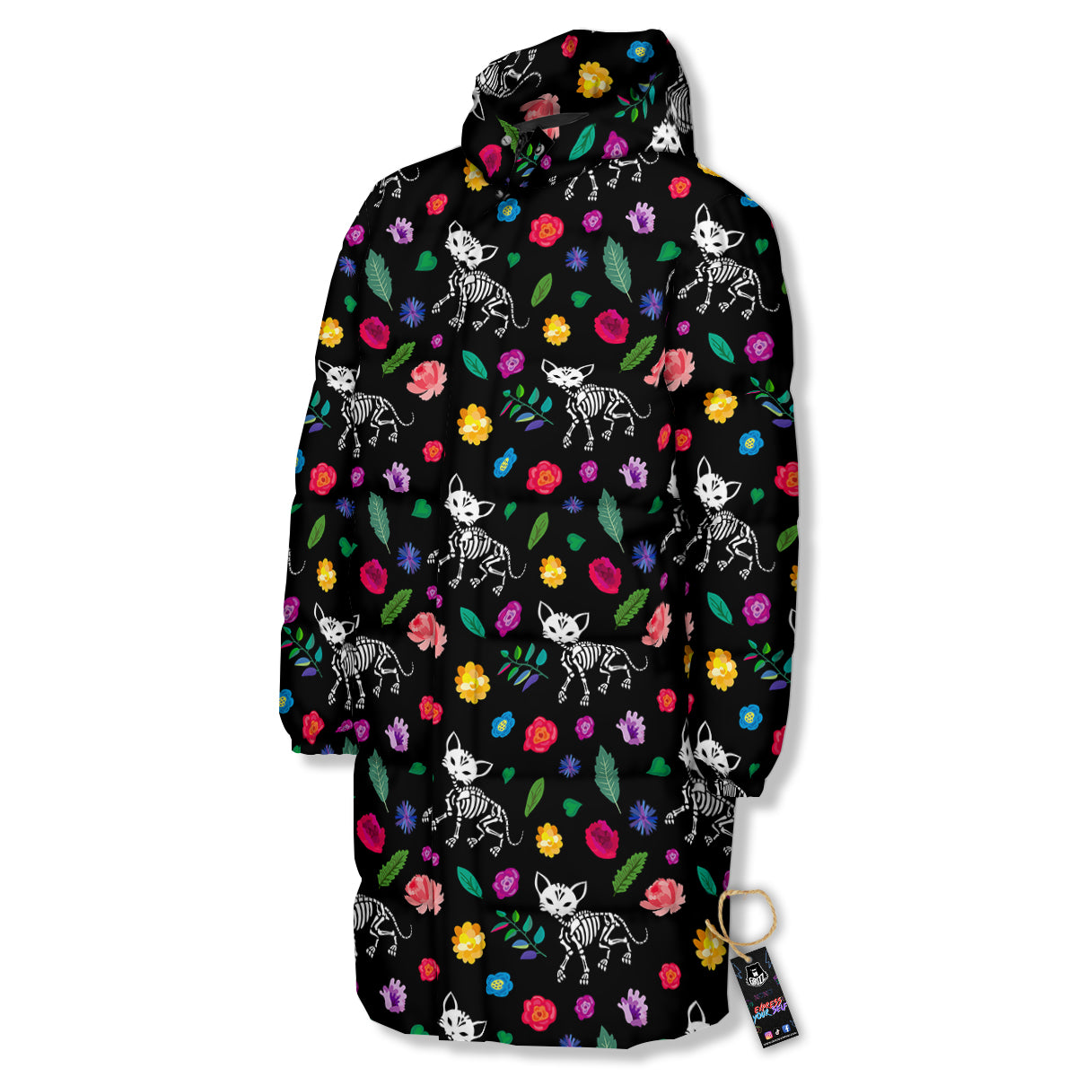 Calavera Cat Skeleton Print Pattern Long Down Jacket-grizzshop