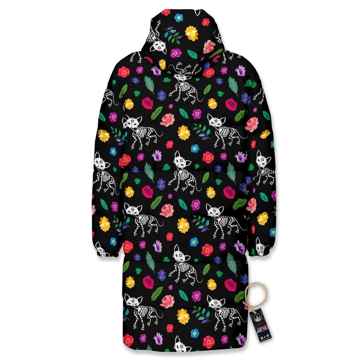 Calavera Cat Skeleton Print Pattern Long Down Jacket-grizzshop