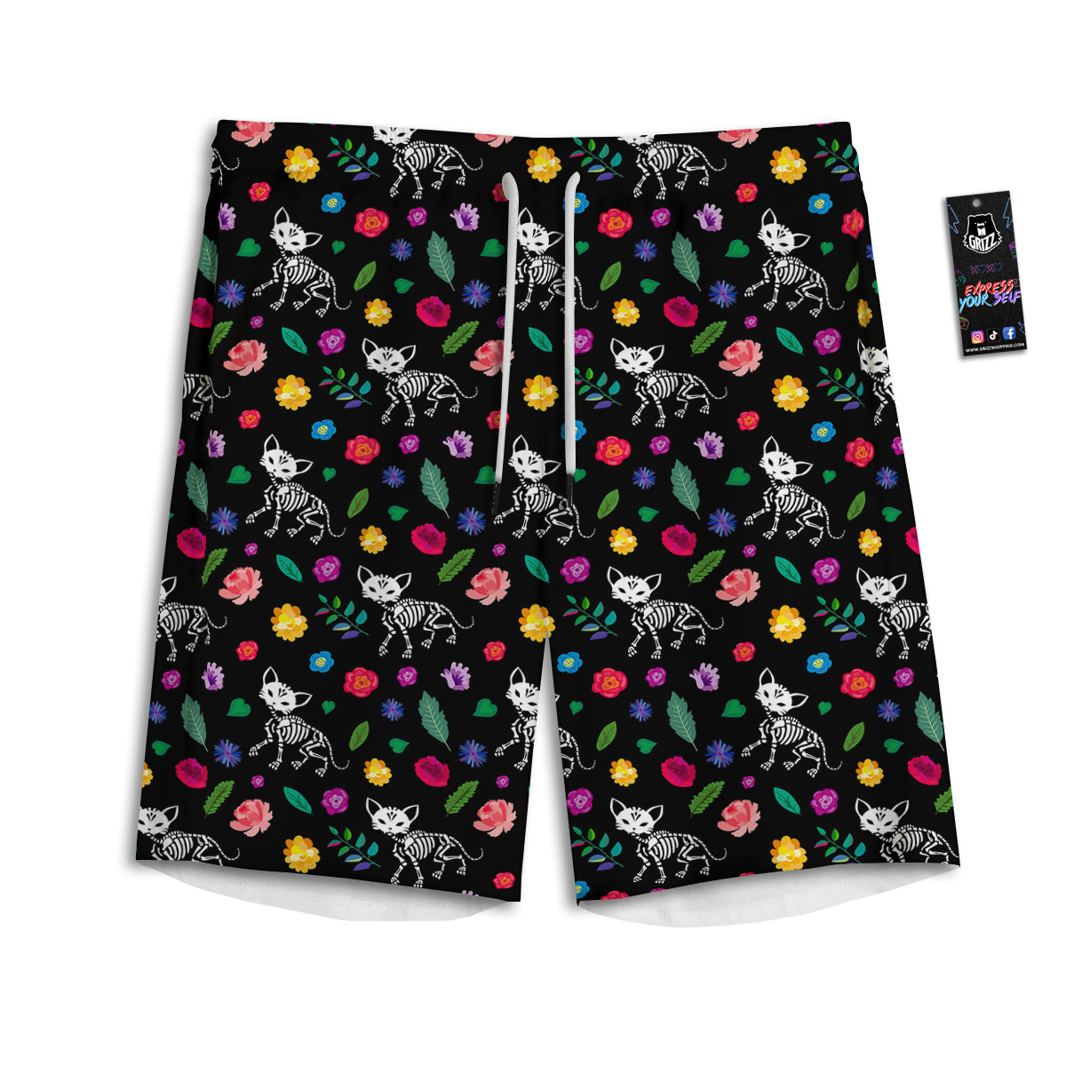 Calavera Cat Skeleton Print Pattern Men's Athletic Shorts