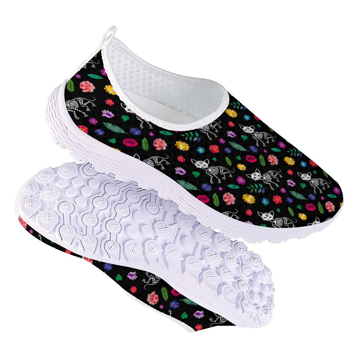 Calavera Cat Skeleton Print Pattern Nurse Shoes-grizzshop