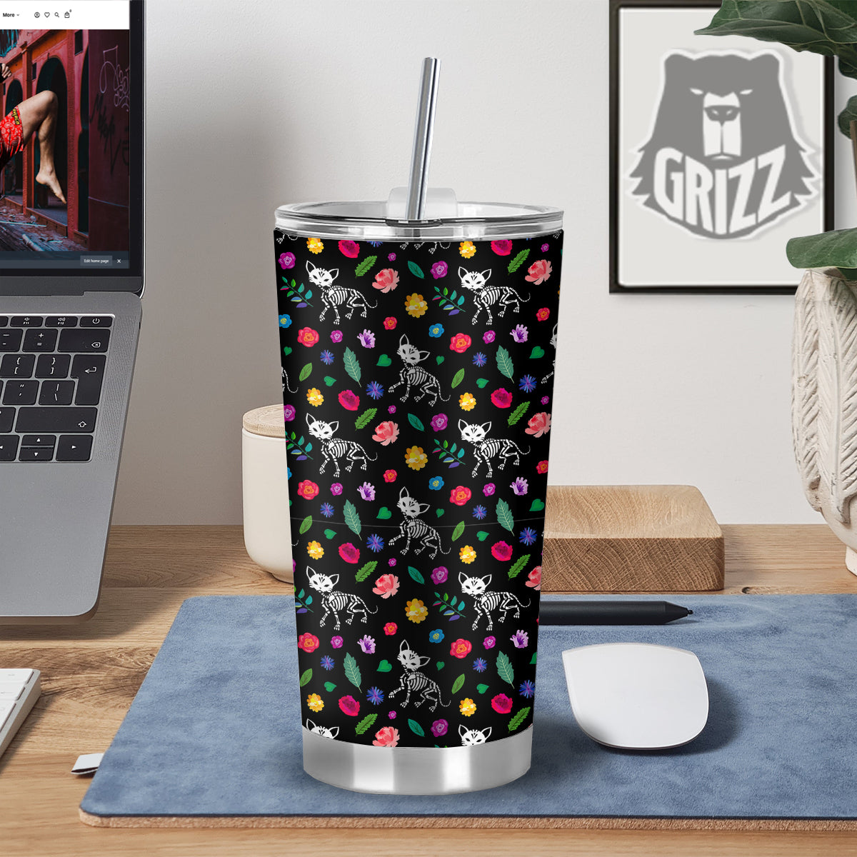 Calavera Cat Skeleton Print Pattern Tumbler-grizzshop