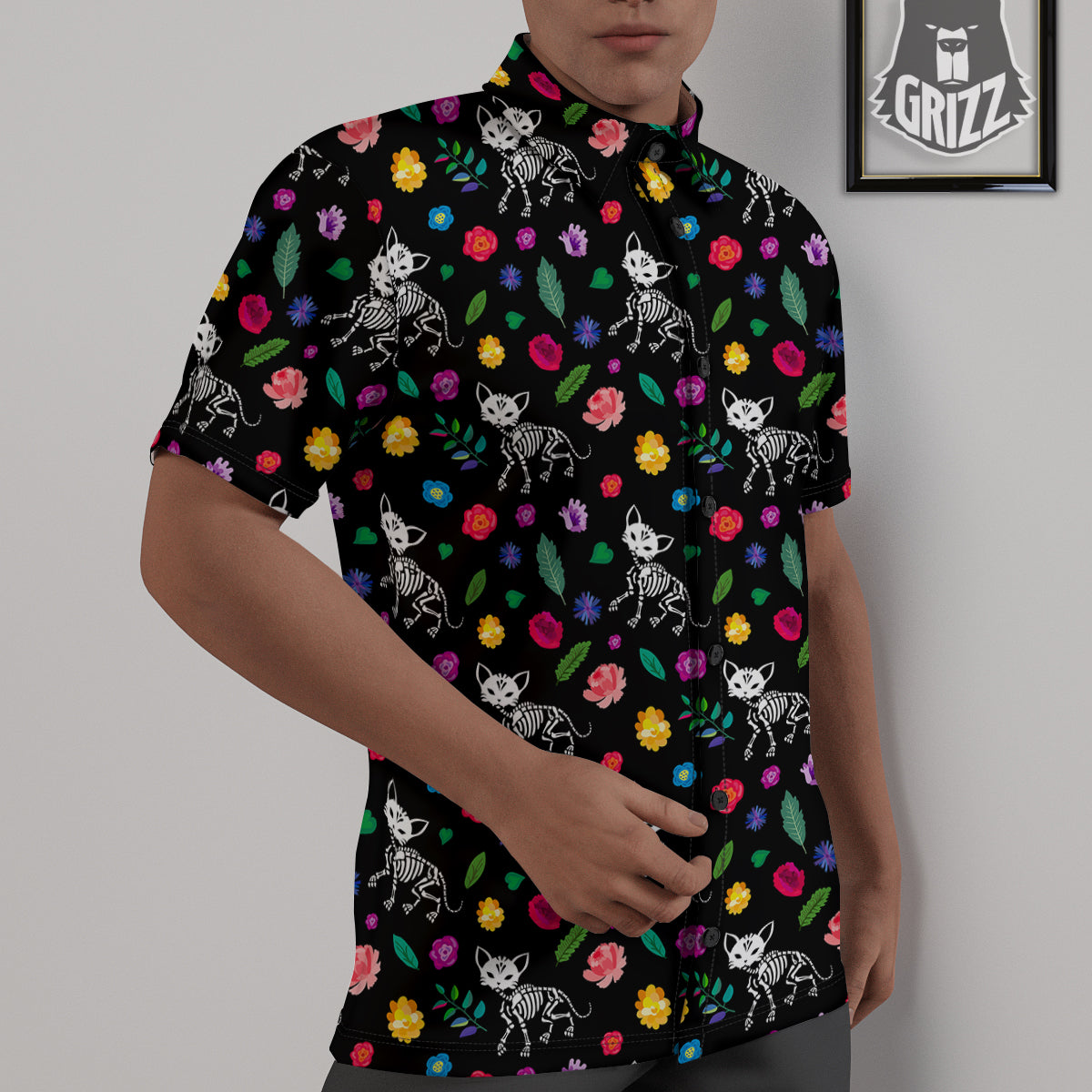 Calavera Cat Skeleton Print Pattern Untucked Shirts-grizzshop