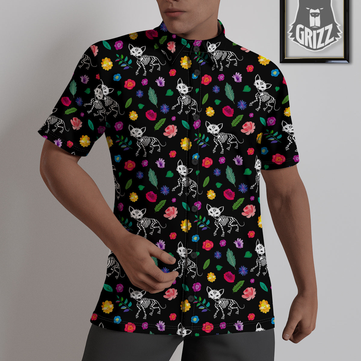 Calavera Cat Skeleton Print Pattern Untucked Shirts-grizzshop