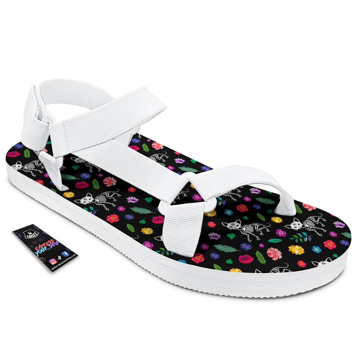 Calavera Cat Skeleton Print Pattern White Open Toe Sandals-grizzshop