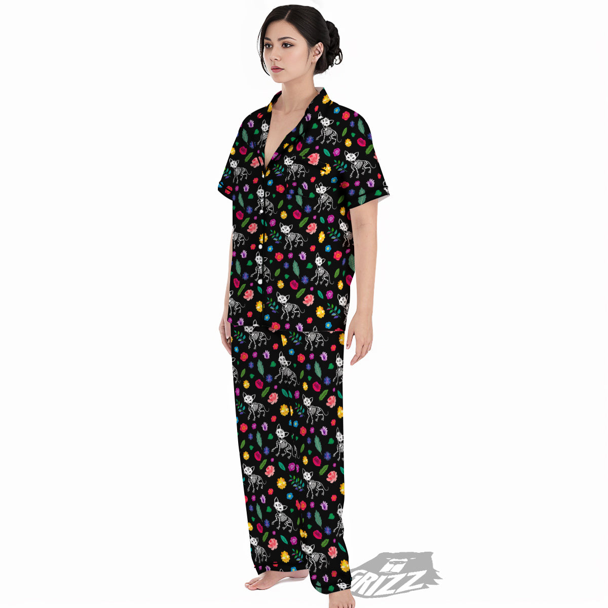 Calavera Cat Skeleton Print Pattern Women's Pajamas Set-grizzshop