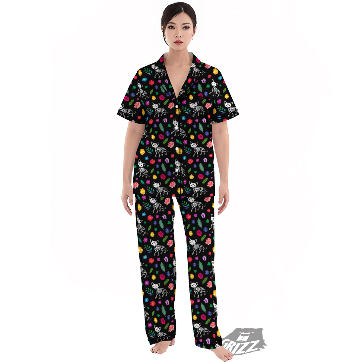 Calavera Cat Skeleton Print Pattern Women's Pajamas Set-grizzshop