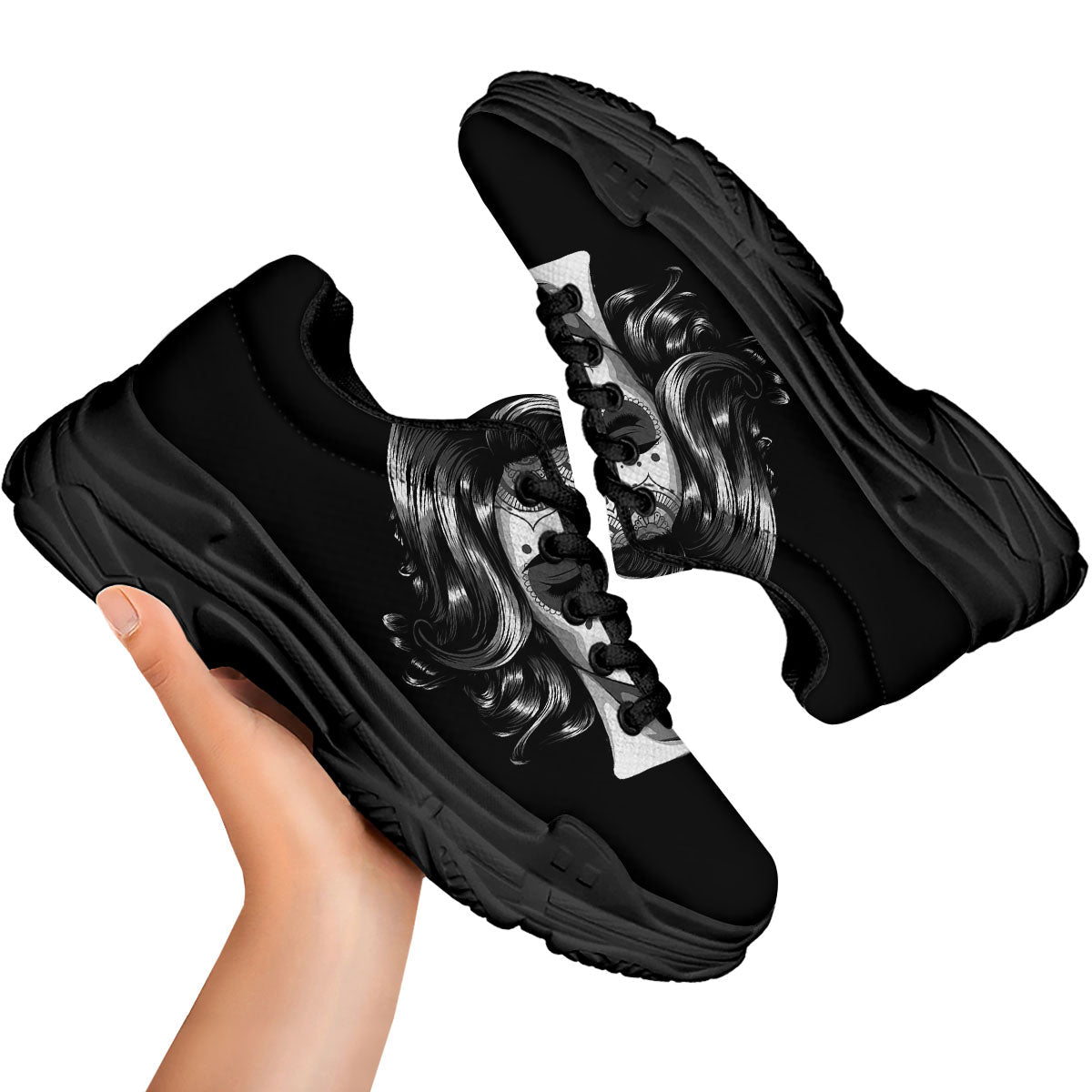 Calavera Girl White And Black Print Black Chunky Shoes-grizzshop