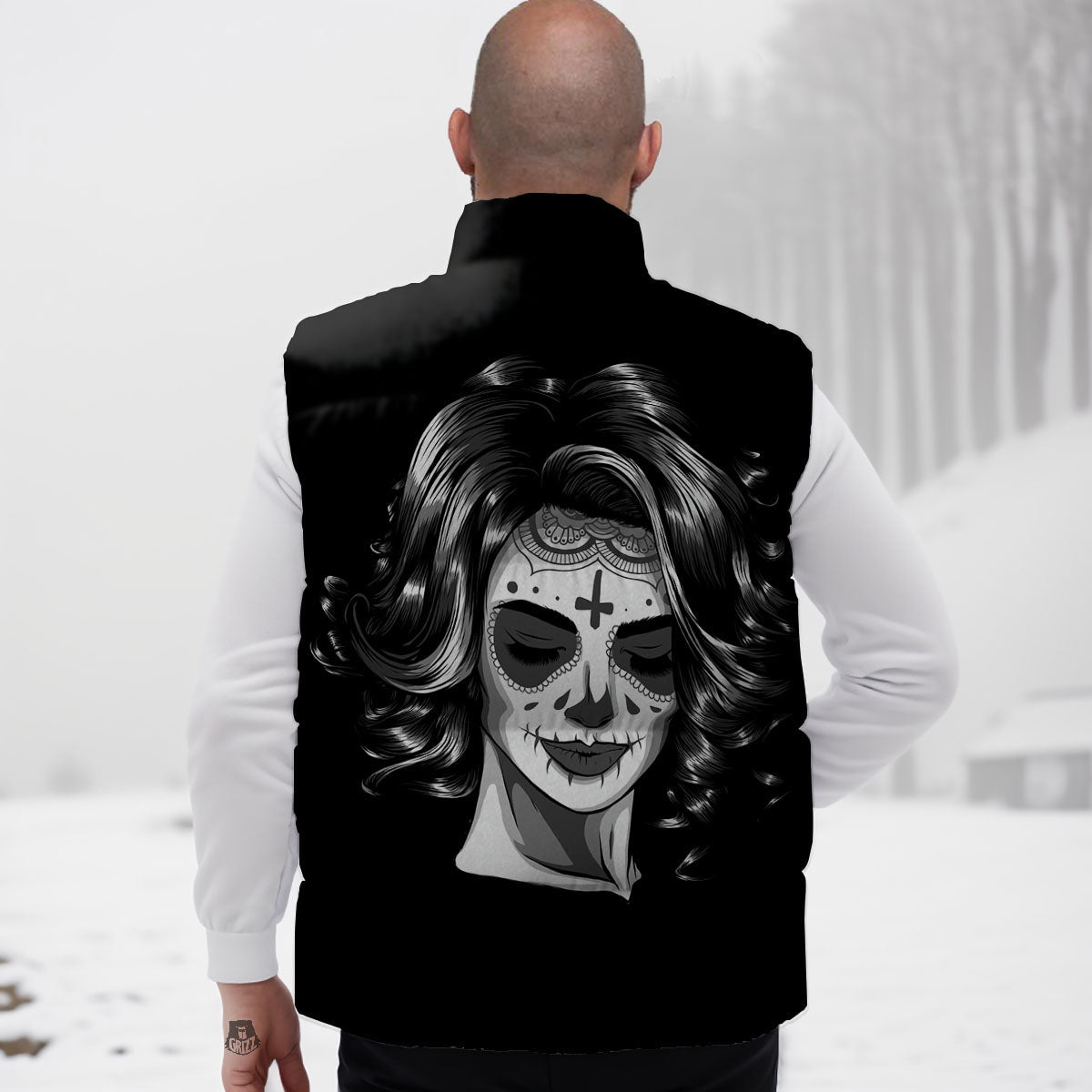 Calavera Girl White And Black Print Down Vest