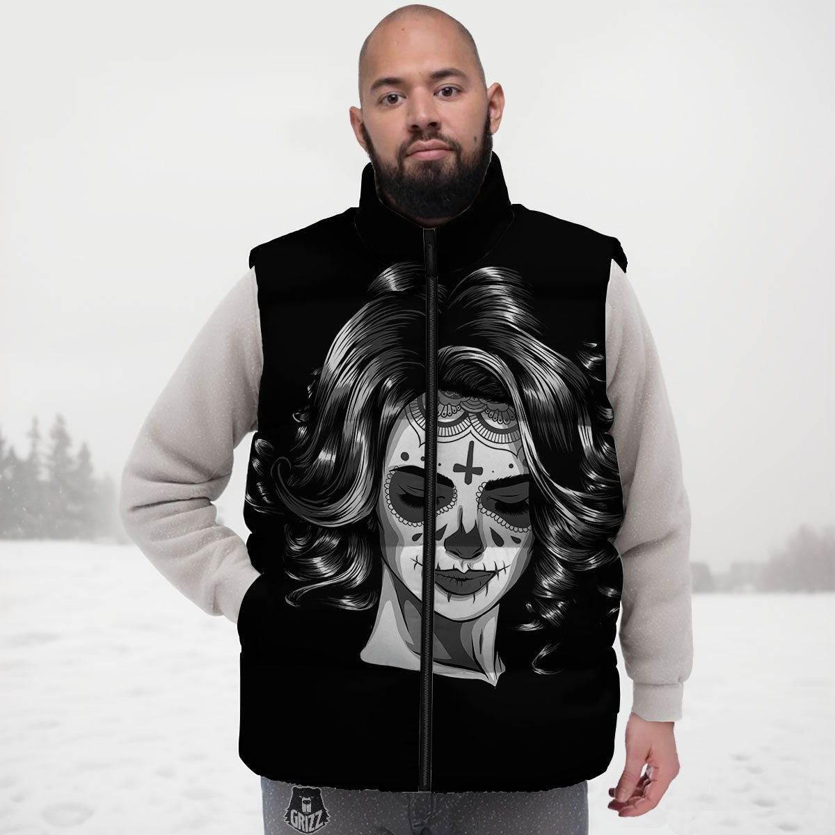 Calavera Girl White And Black Print Down Vest