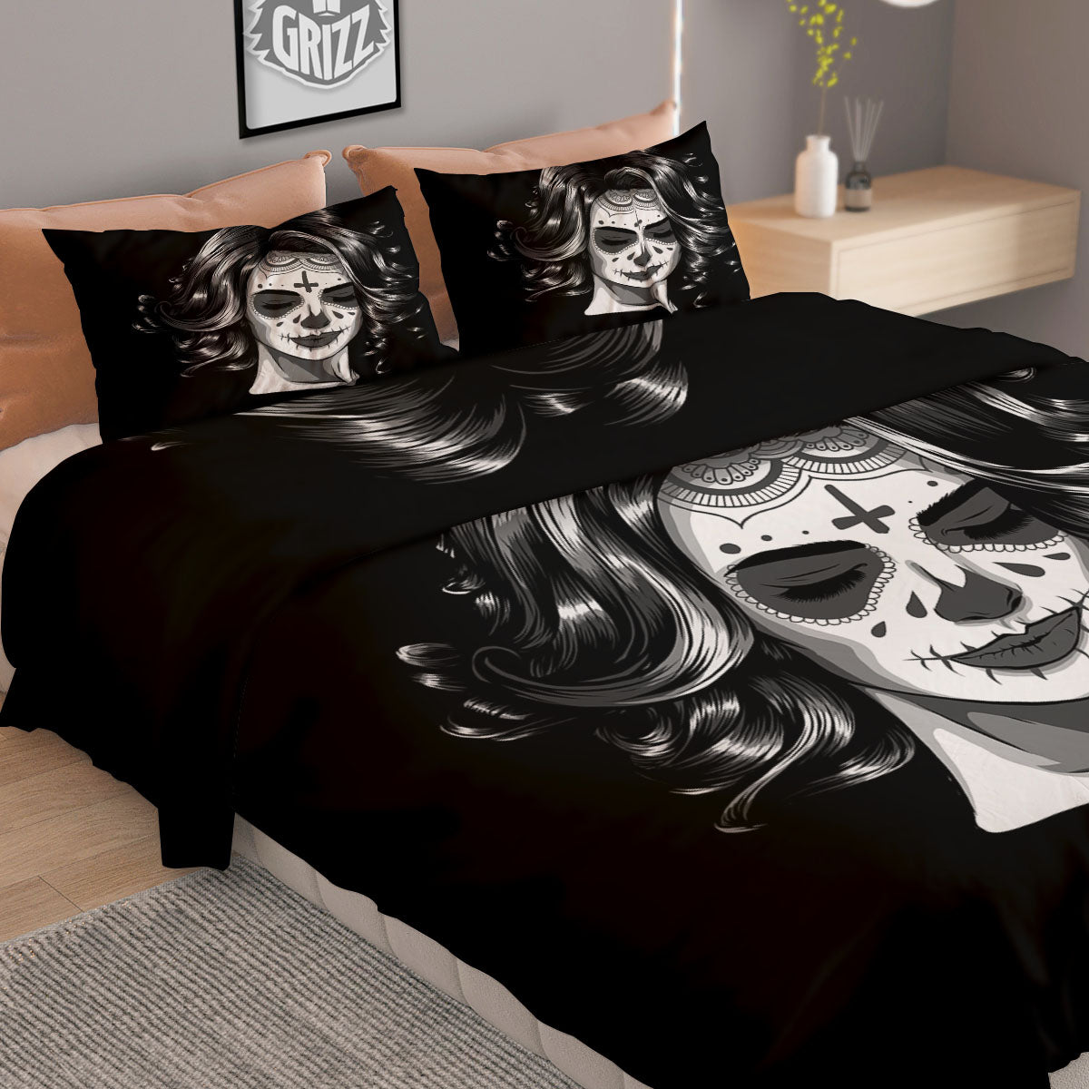 Calavera Girl White And Black Print Duvet Cover Bedding Set