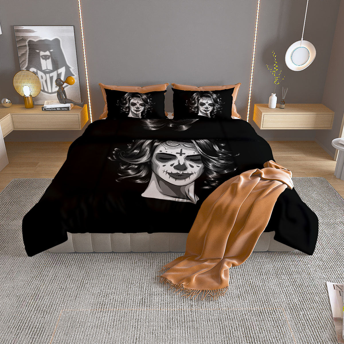Calavera Girl White And Black Print Duvet Cover Bedding Set