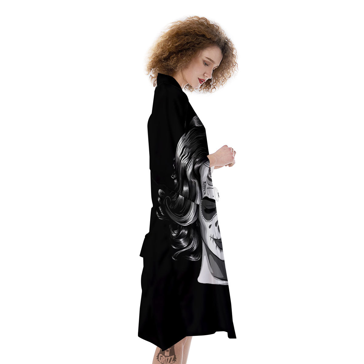 Calavera Girl White And Black Print Kimono-grizzshop
