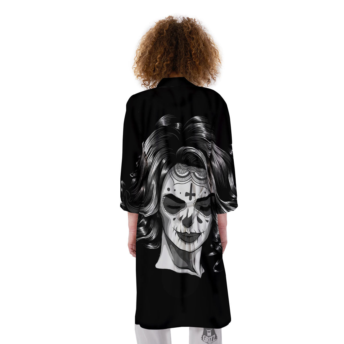 Calavera Girl White And Black Print Kimono-grizzshop