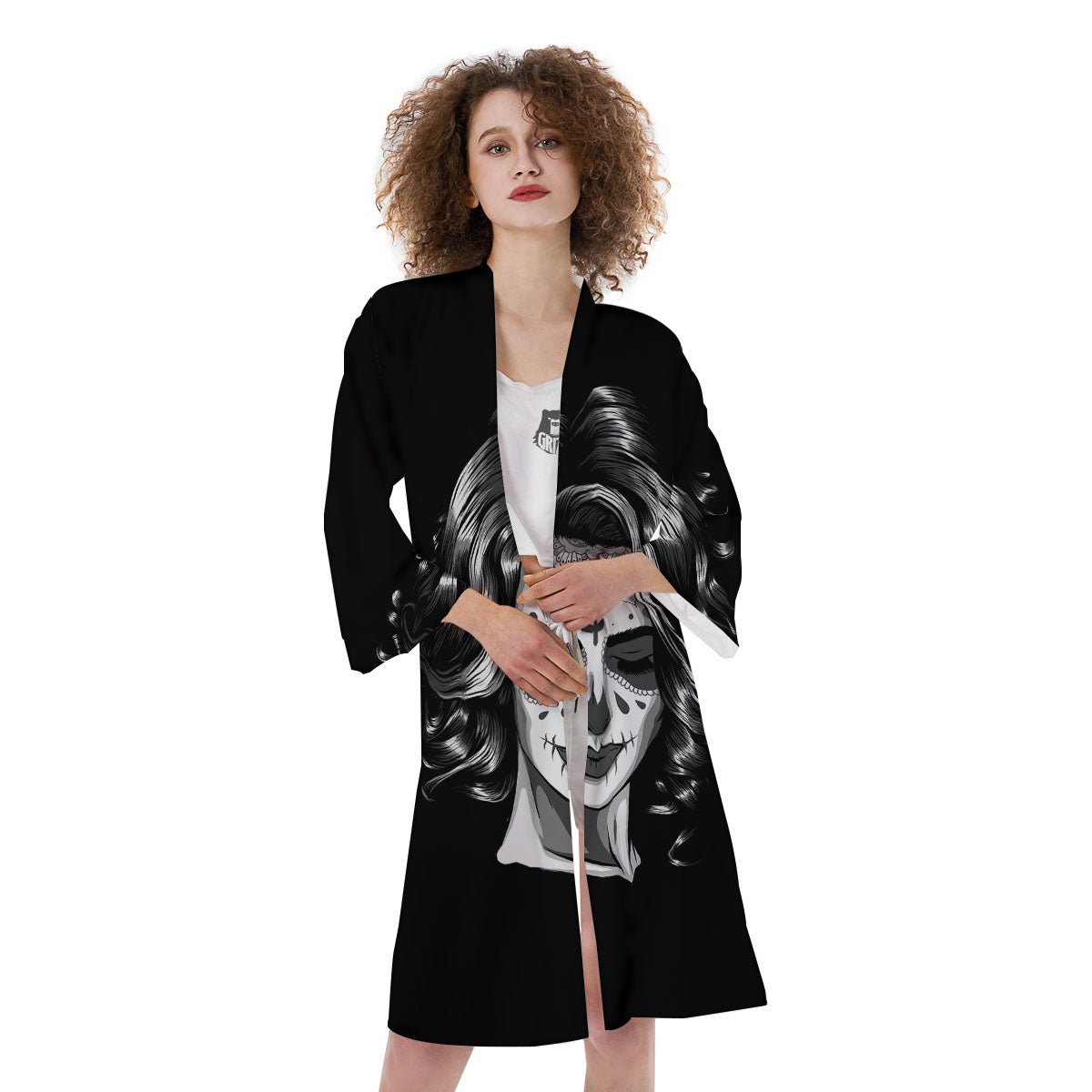Calavera Girl White And Black Print Kimono-grizzshop