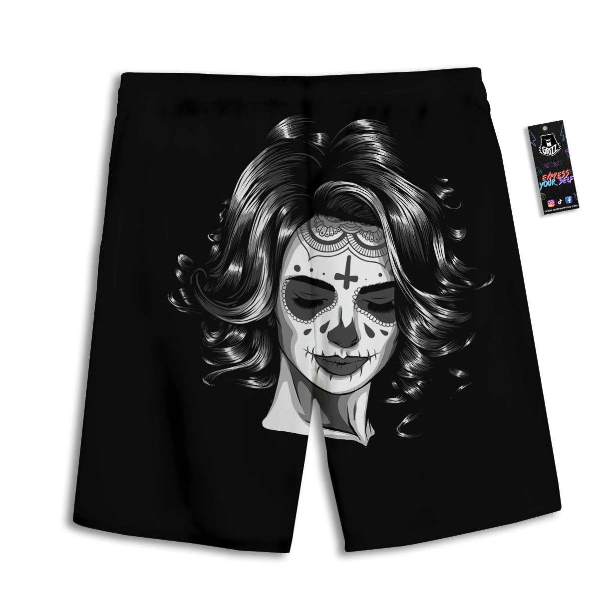 Calavera Girl White And Black Print Men's Athletic Shorts
