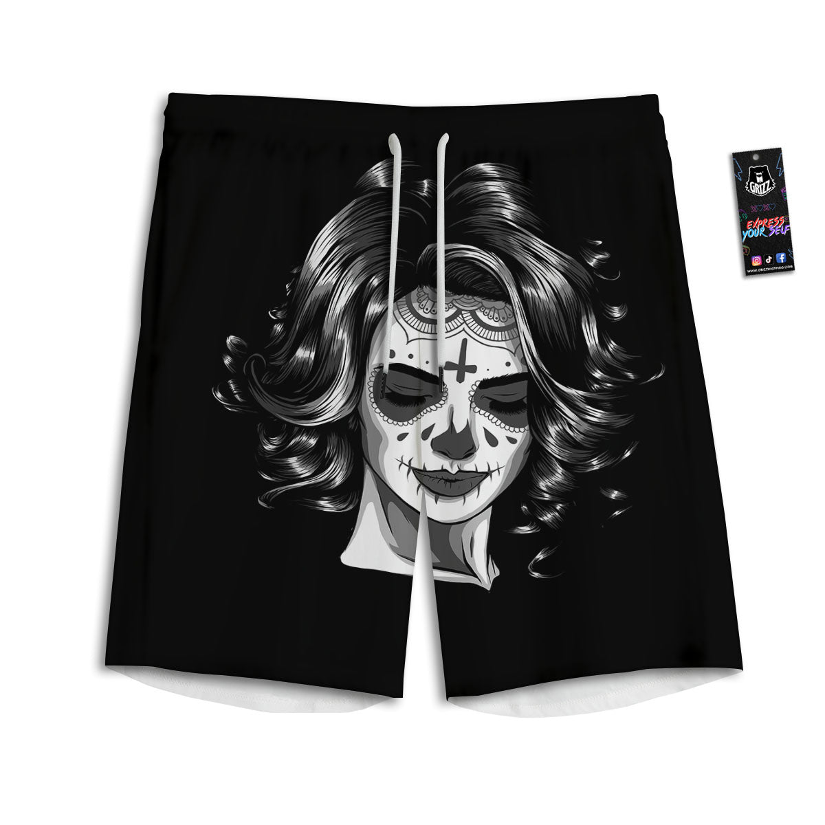 Calavera Girl White And Black Print Men's Athletic Shorts