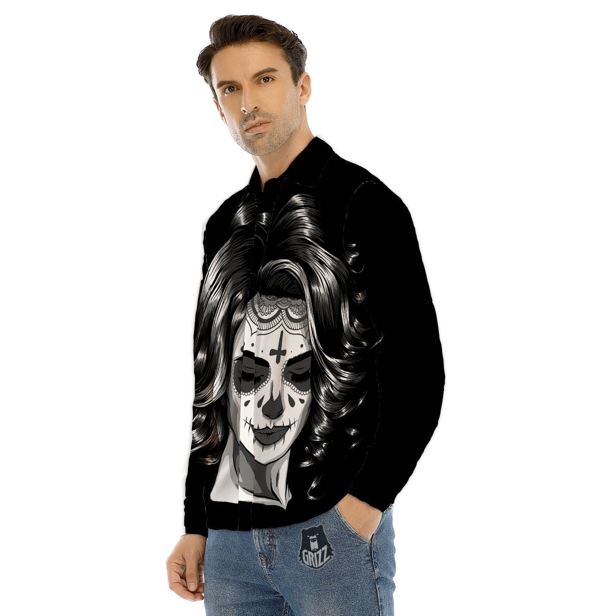 Calavera Girl White And Black Print Men's Dress Shirts-grizzshop