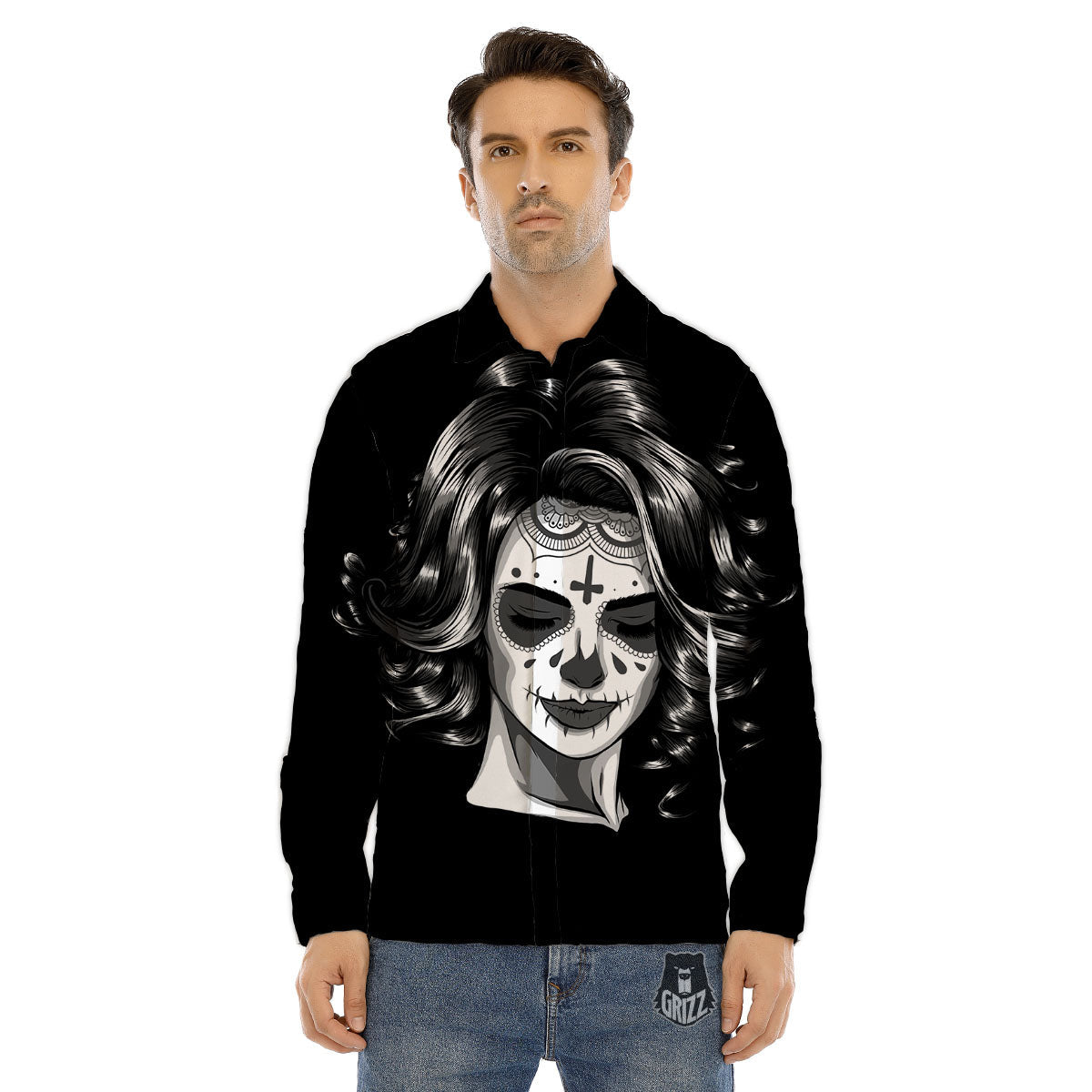 Calavera Girl White And Black Print Men's Dress Shirts-grizzshop