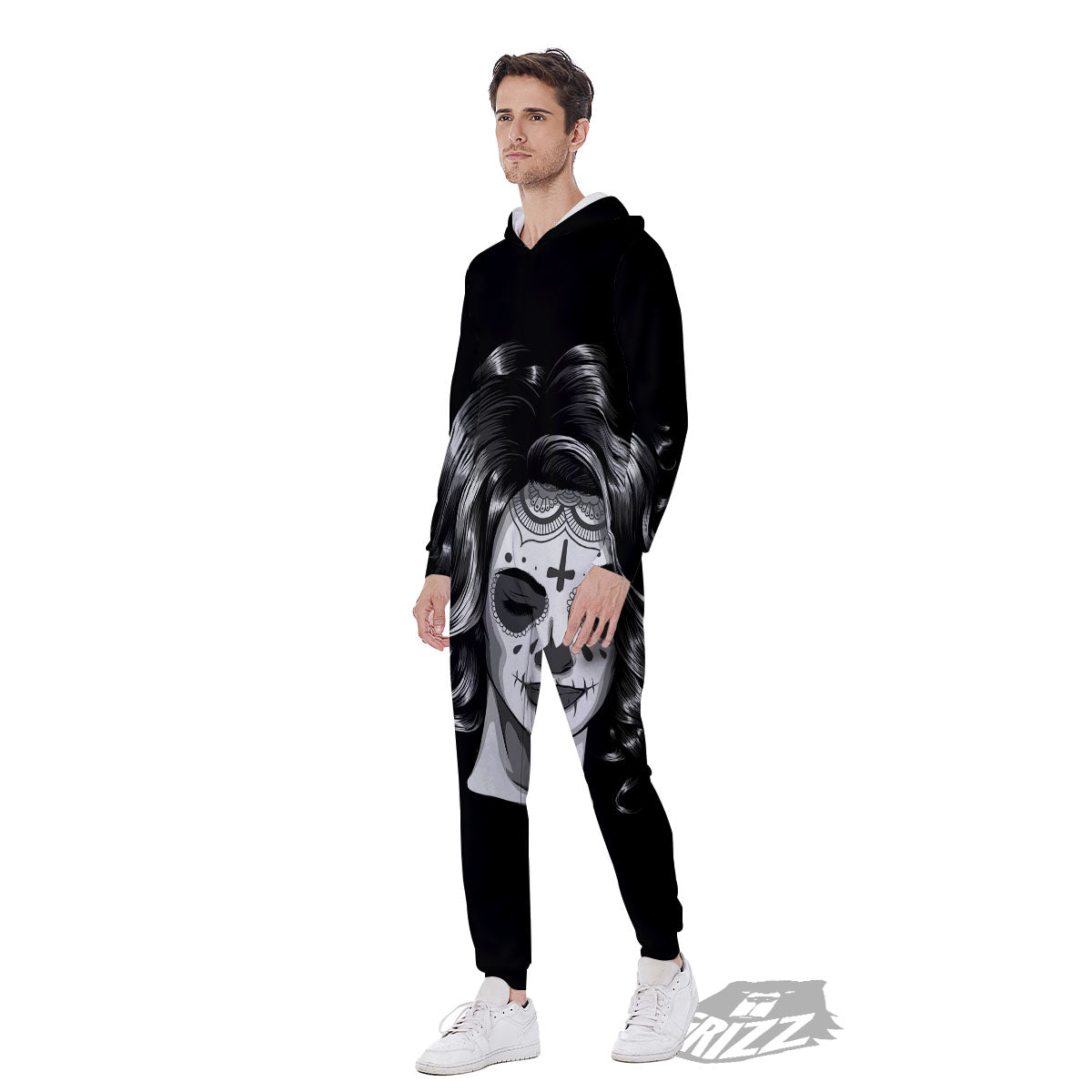 Calavera Girl White And Black Print Men's Jumpsuit-grizzshop