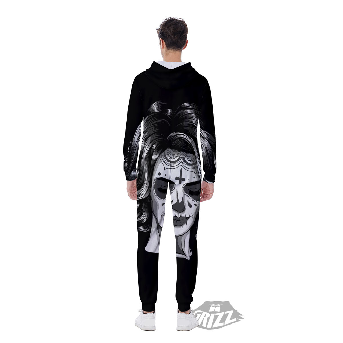 Calavera Girl White And Black Print Men's Jumpsuit-grizzshop