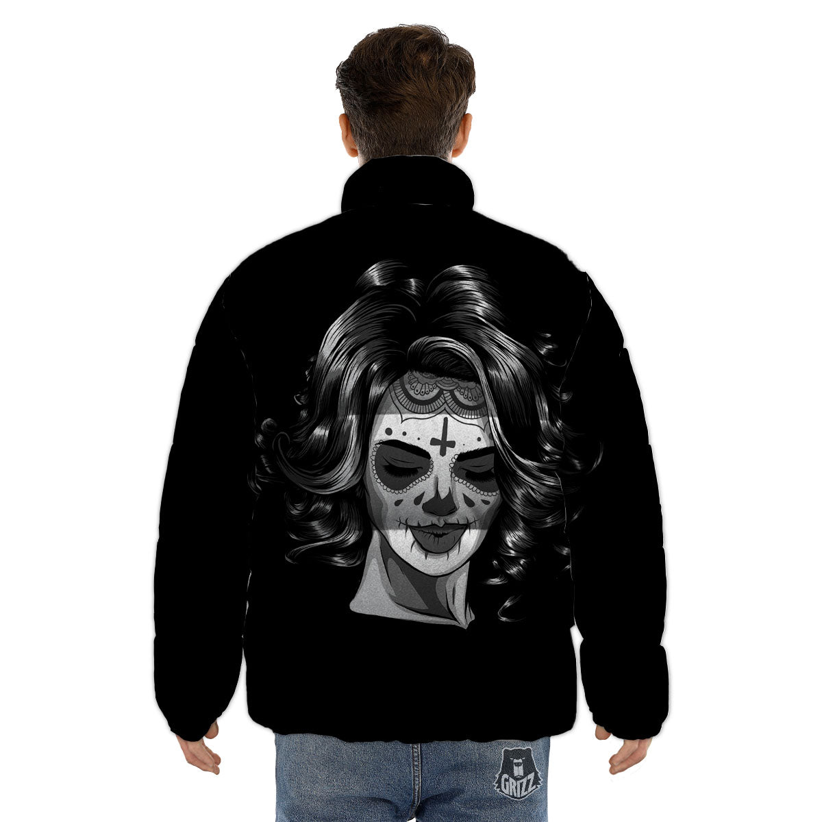 Calavera Girl White And Black Print Puffer Jacket-grizzshop