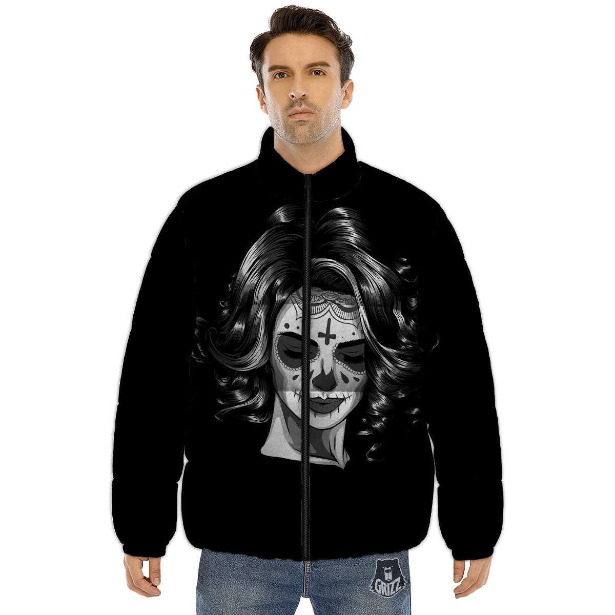 Calavera Girl White And Black Print Puffer Jacket-grizzshop