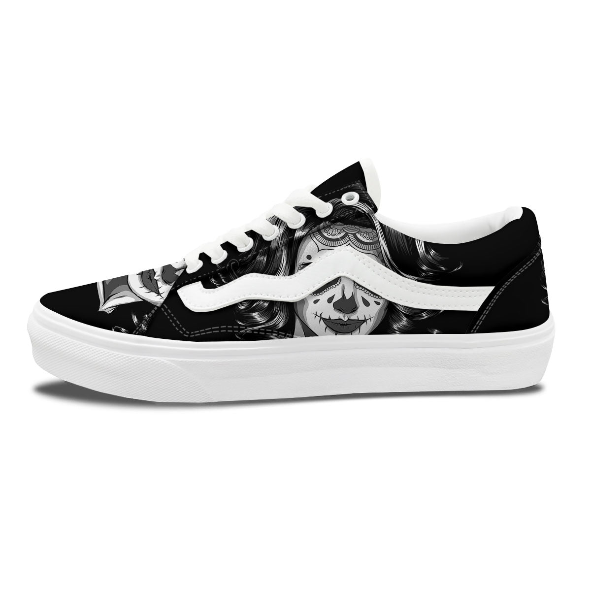 Calavera Girl White And Black Print Skate Shoes-grizzshop