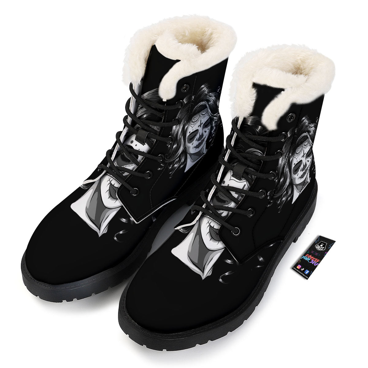 Calavera Girl White And Black Print Winter Boots-grizzshop