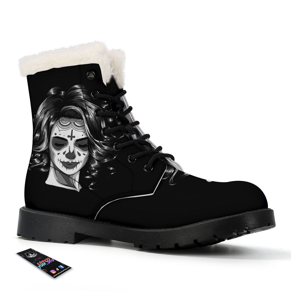 Calavera Girl White And Black Print Winter Boots-grizzshop