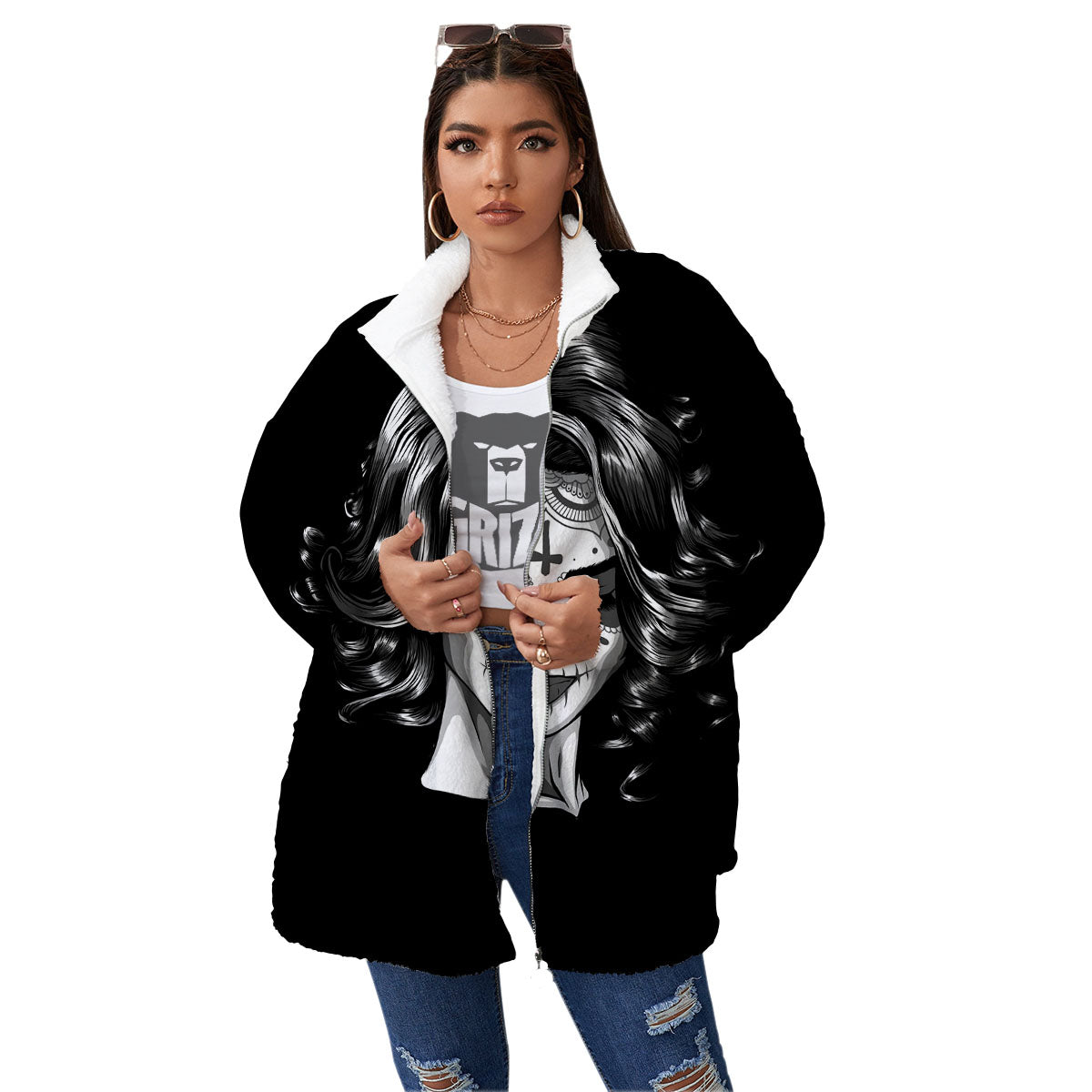 Calavera Girl White And Black Print Women's Sherpa Jacket-grizzshop