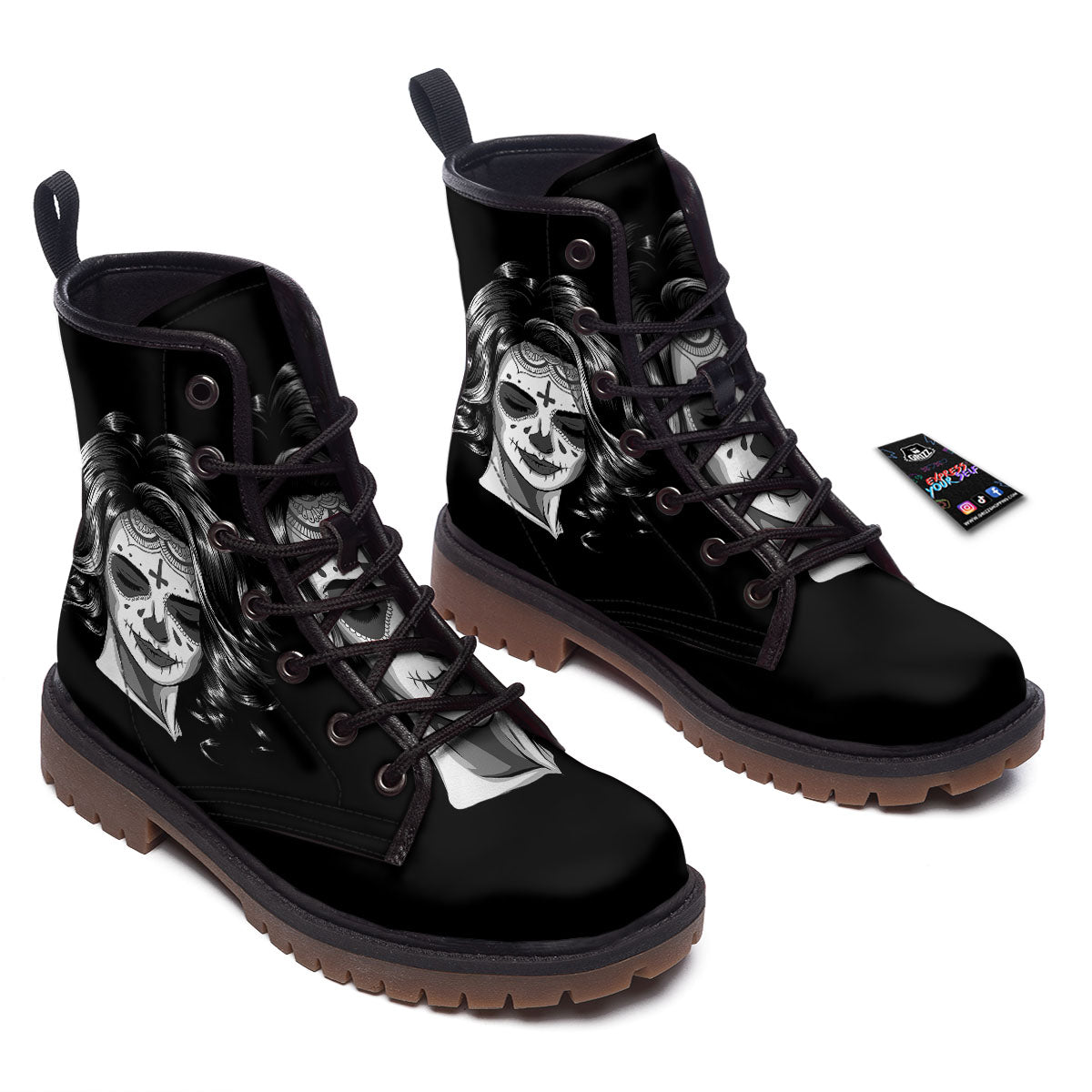 Calavera Girl White And Black Print Work Boots-grizzshop
