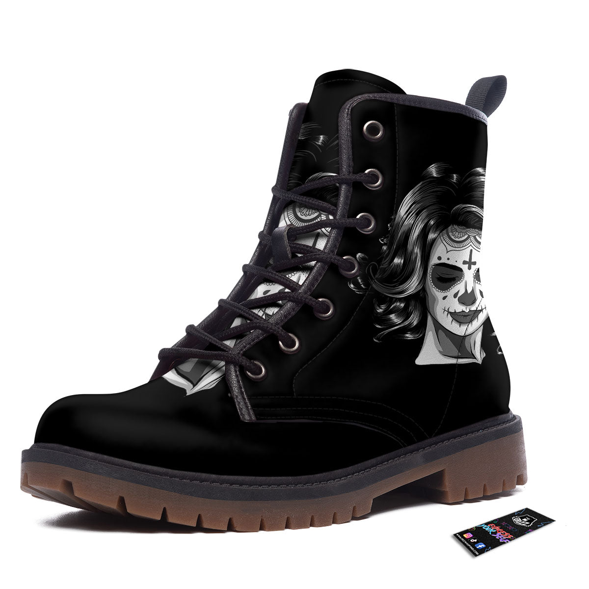 Calavera Girl White And Black Print Work Boots-grizzshop