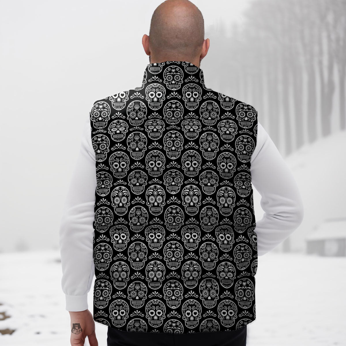 Calavera Skull White And Black Print Down Vest