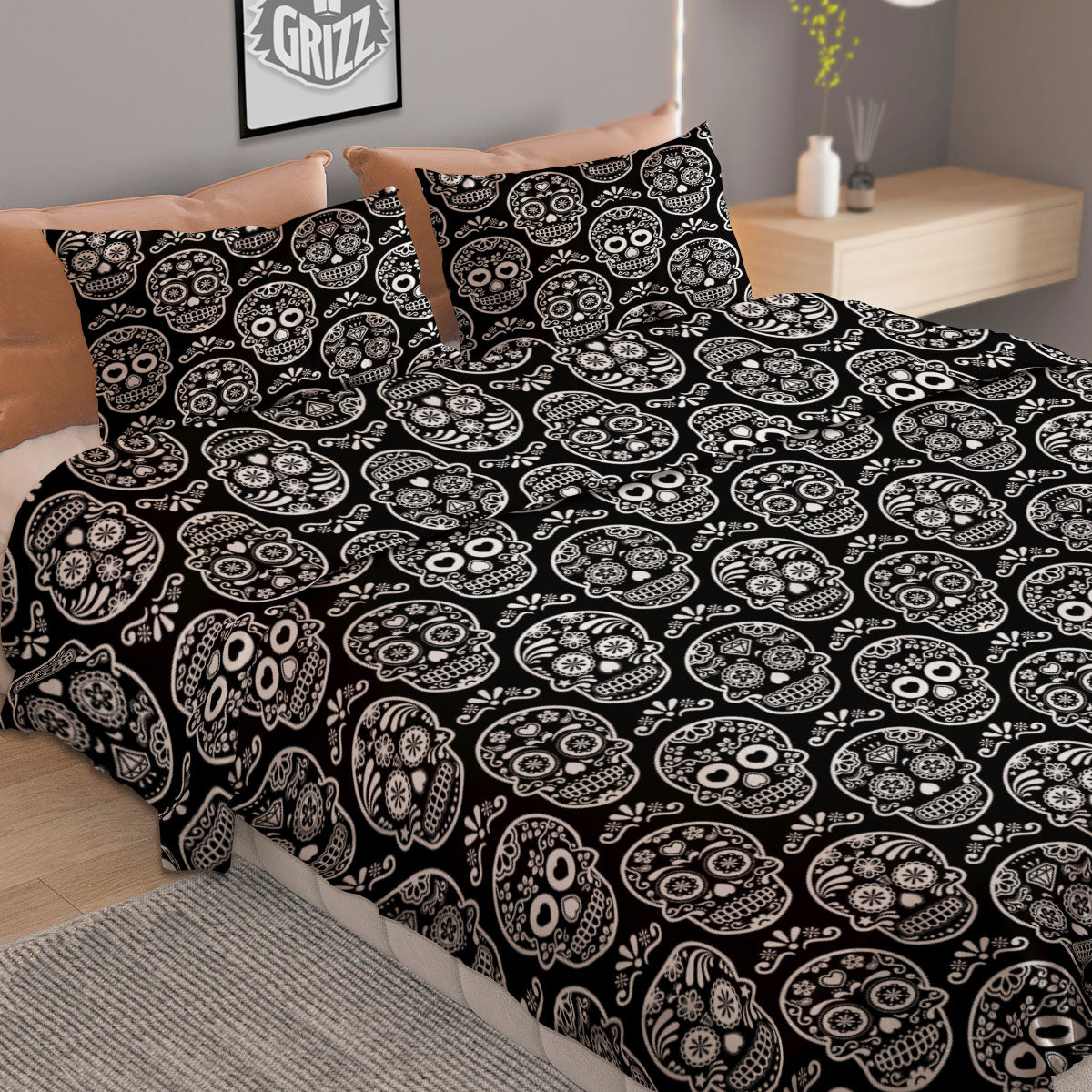 Calavera Skull White And Black Print Duvet Cover Bedding Set
