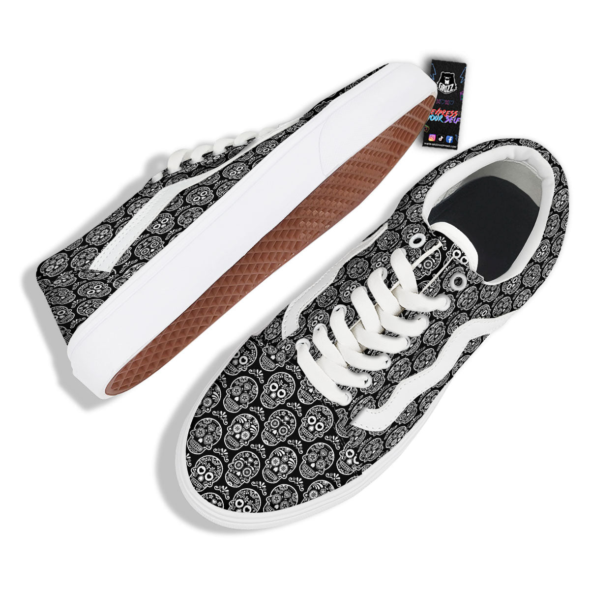 Calavera Skull White And Black Print Skate Shoes-grizzshop