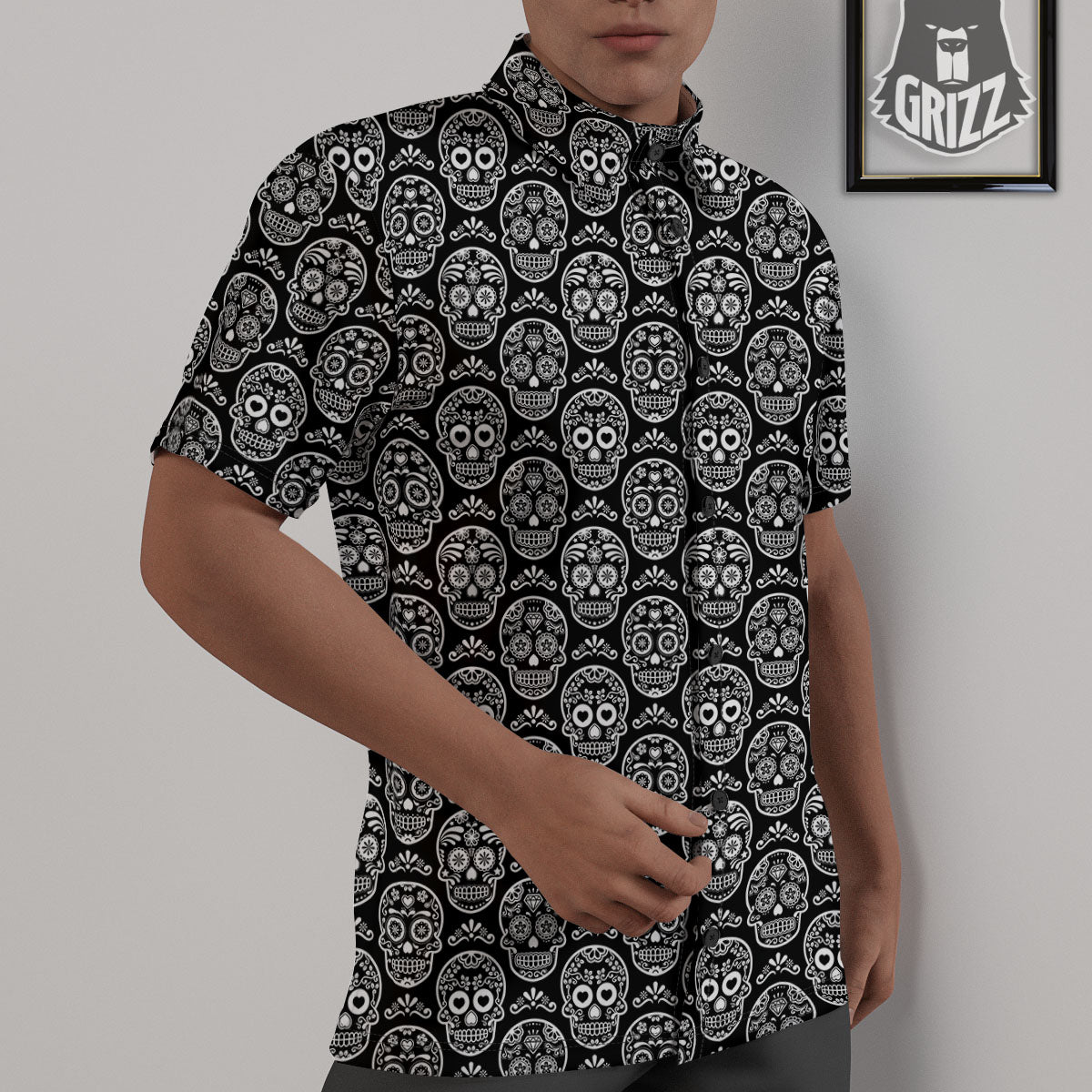 Calavera Skull White And Black Print Untucked Shirts-grizzshop
