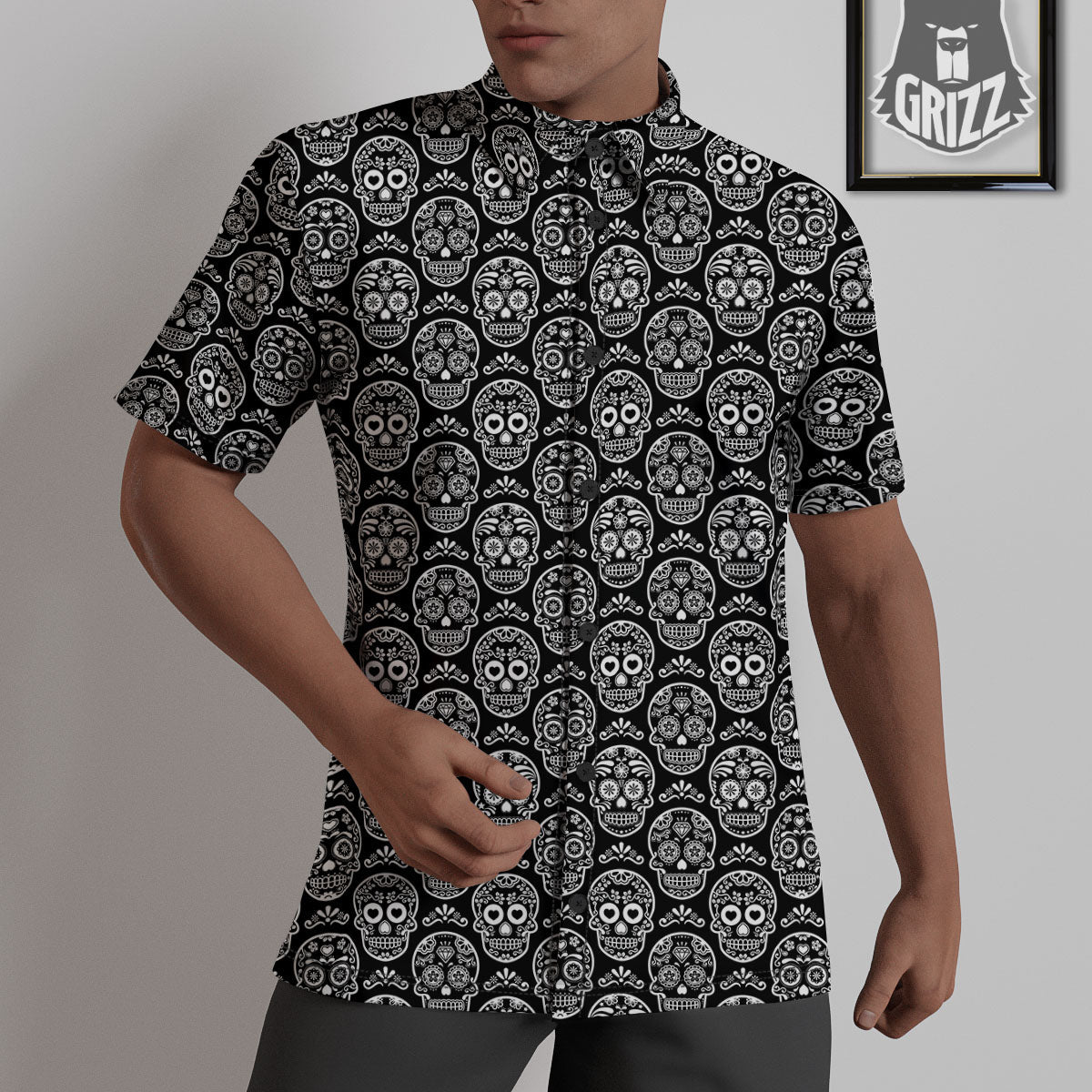 Calavera Skull White And Black Print Untucked Shirts-grizzshop