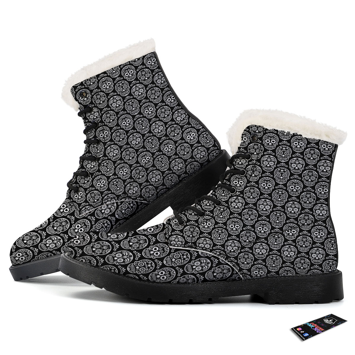 Calavera Skull White And Black Print Winter Boots-grizzshop